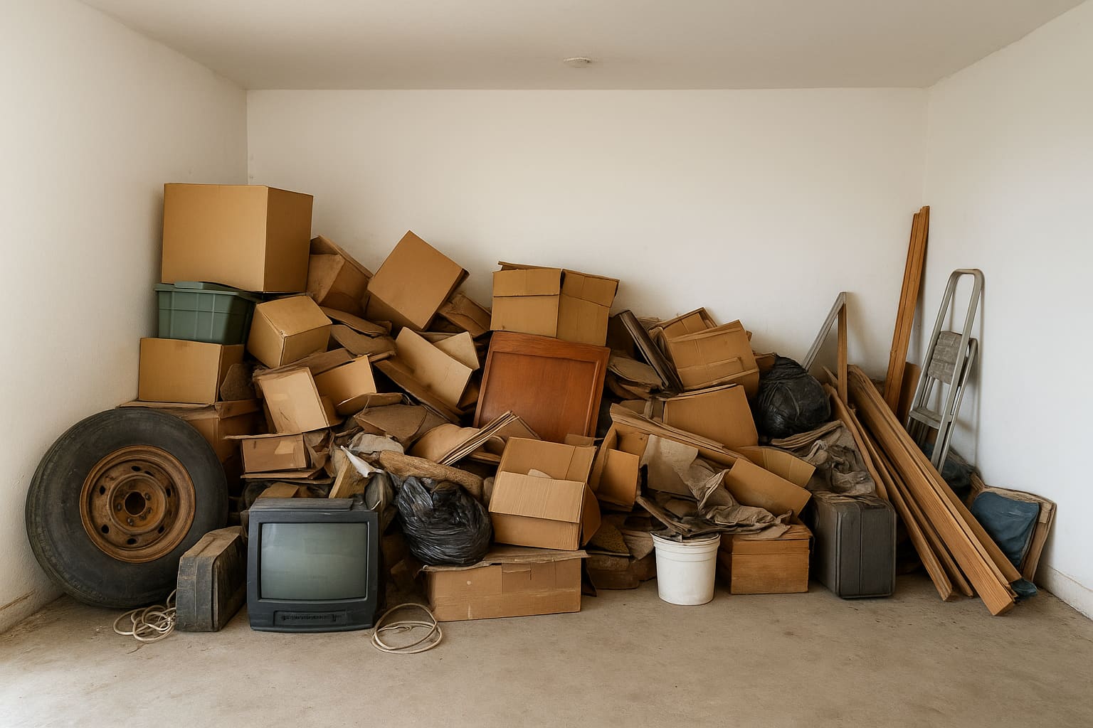 Dubai villa storeroom packed with old furniture and boxes before clearance